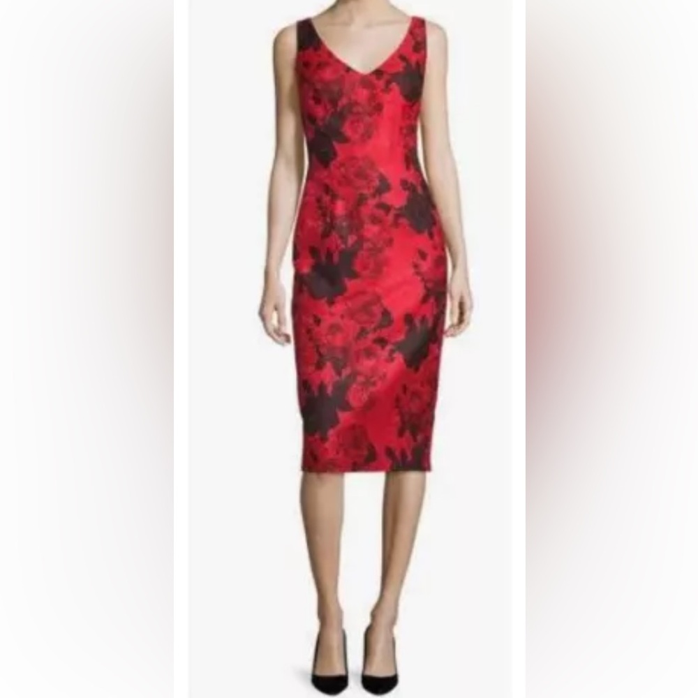David Meister Red Black Jacquard Floral Sleeveless V-Neck Sheath Dress